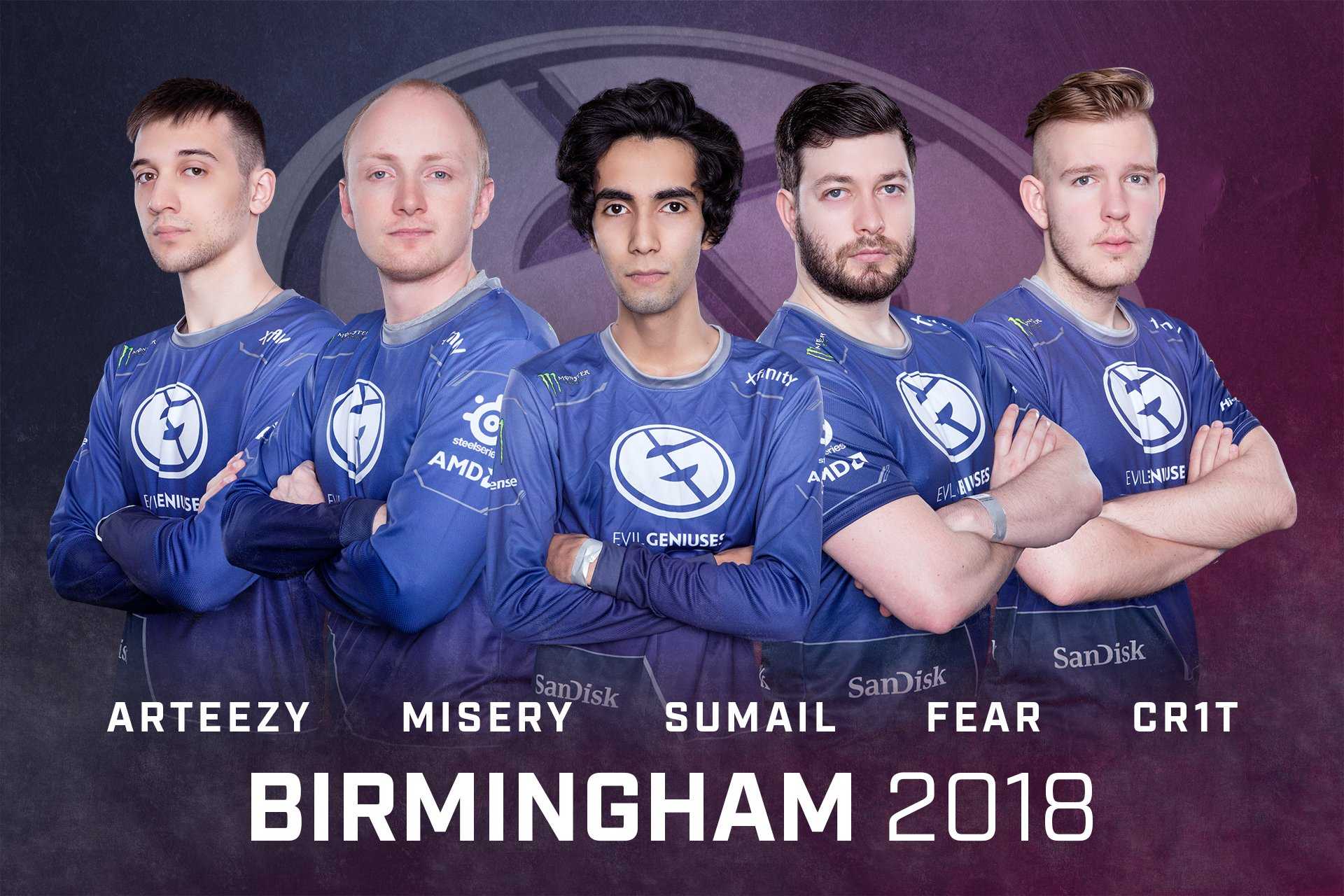 La formación de EG. De izquierda a derecha: Arteezy, Misery, Sumail, Fear y Cr1t. EG y Newbee afrontan malos resultados en la ESL One Birmingham.