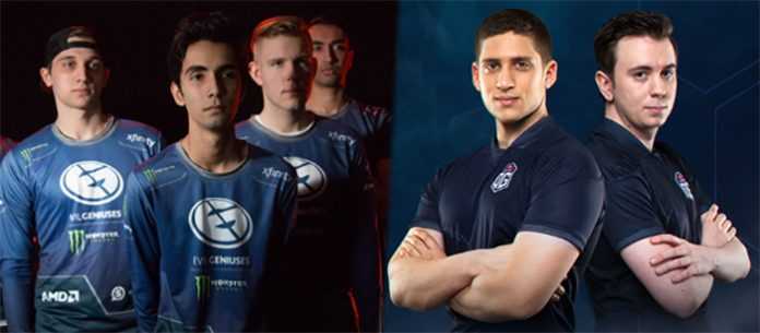 eg-nuevo-equipo-galactico A la izquierda jugadores de la antigua formación de EG (Arteezy, Sumail, Cr1t) y a la derecha Fly y s4, que abandonan OG para formar un equipo galáctico en Evil Geniuses