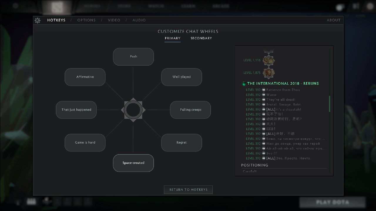 Configuración de la rueda del chat con citas de casters como premio por alcanzar un nivel alto en el Compendio de The International 8