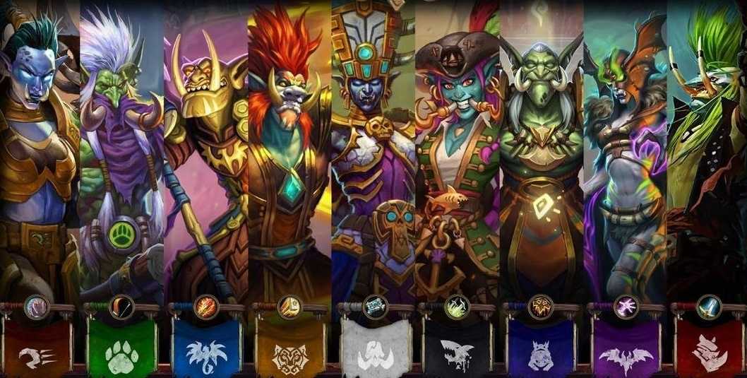 De izquierda a derecha: Raptores de Gonk, Linces de Halazzi, Dracohalcones de Jan'Alai, Tigres de Shirvallah, Zombis de Bwonsamdi, Tiburones de Gral, Ranas de Krag'wa, Murciélagos de Hir'eek y Rinocerontes de Akali.