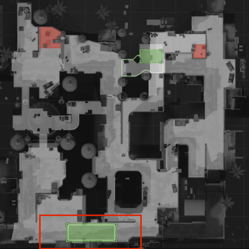 Mapa de dust2. Las zonas verdes son las zonas de inicio de terroristas y antiterroristas y las zonas rojas donde se debe plantar la bomba.