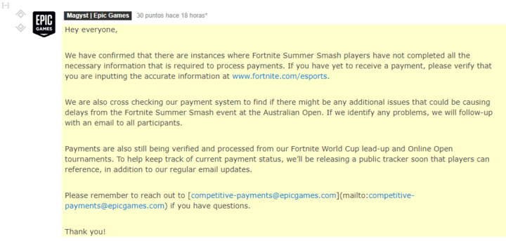 Respuesta de Epic sobre el Fortnite Summer Smash