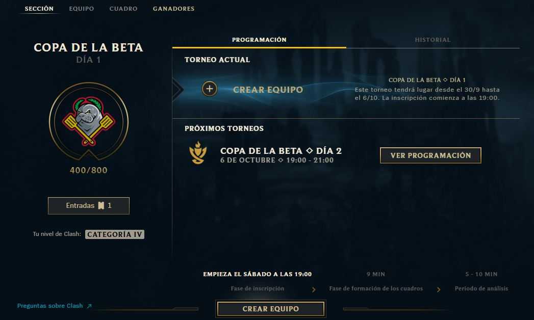 Captura del cliente de League of Legends. Pestaá de Clash.