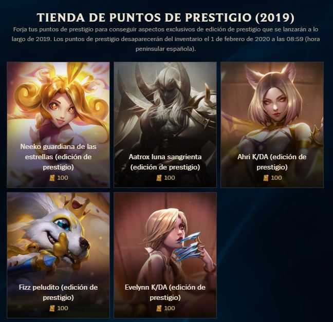 Opciones actuales para canjear los puntos de prestigio