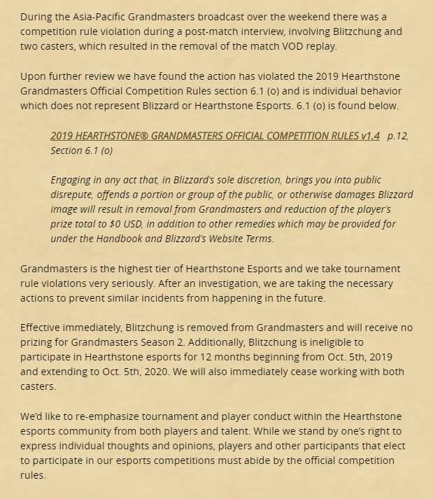 Comunicado de Blizzard sobre Blitzchung