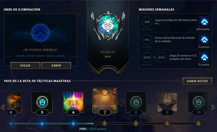 Apartado donde vemos la evolución del pase de batalla de TFT