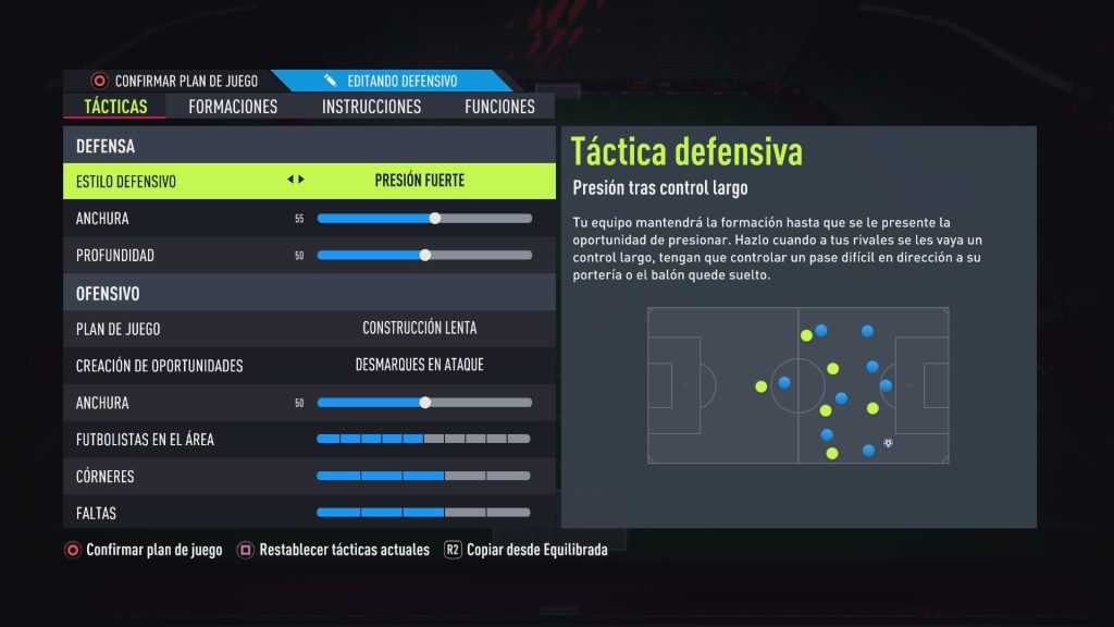 Imagen orientativa para tener un ejemplo de táctica "meta" en FIFA 22, con 3 mediocentros y presión fuerte.