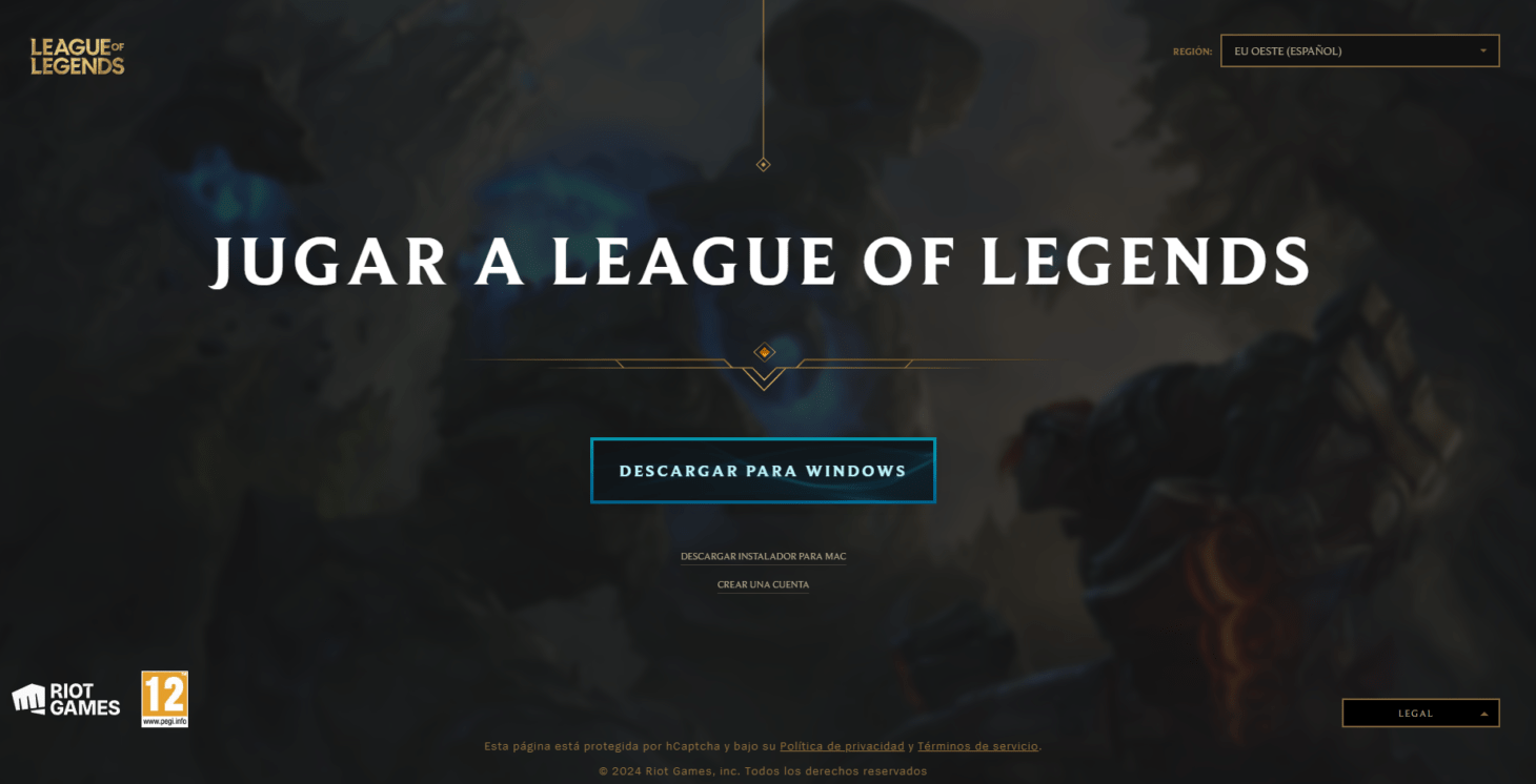 Página de descarga de League of Legends