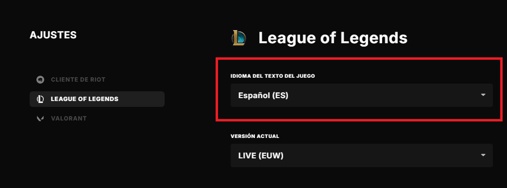 Caja de idiomas en los ajustes del cliente de Riot | Captura de pantalla propia