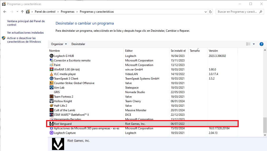 "Riot Vanguard" en la sección de "Desinstalar programas" del Panel de Control