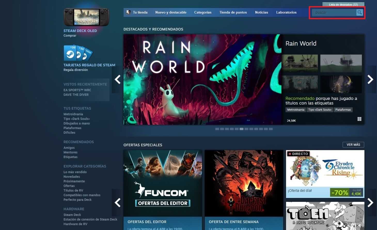 Interfaz de la sección "Tienda" de Steam y su buscador